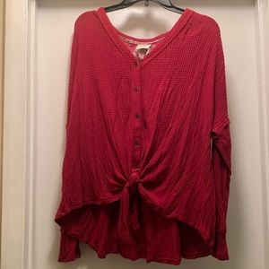 Red Waffle-Knit Knox Rose Long-Sleeve Top